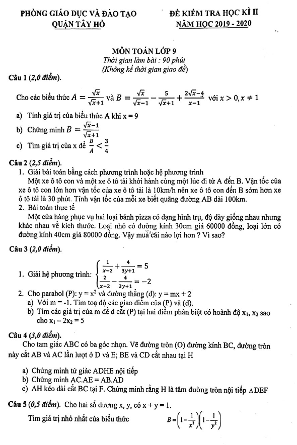 Đề thi học kì 2 (HK2) lớp 9 môn Toán năm học 2019 2020 phòng GD ĐT Tây Hồ Hà Nội