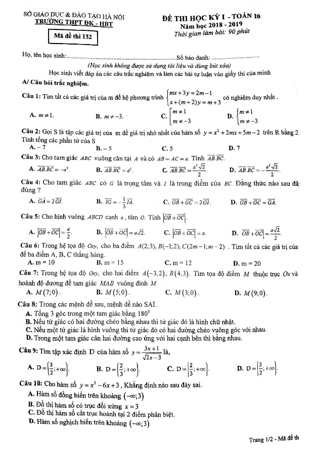 Đề thi học kỳ I lớp 10 môn Toán năm 2018 2019 trường Đoàn Kết Hai Bà Trưng Hà Nội