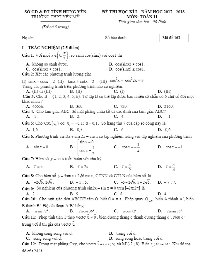 Đề thi học kỳ I lớp 11 môn Toán năm học 2017 2018 trường THPT Yên Mỹ Hưng Yên