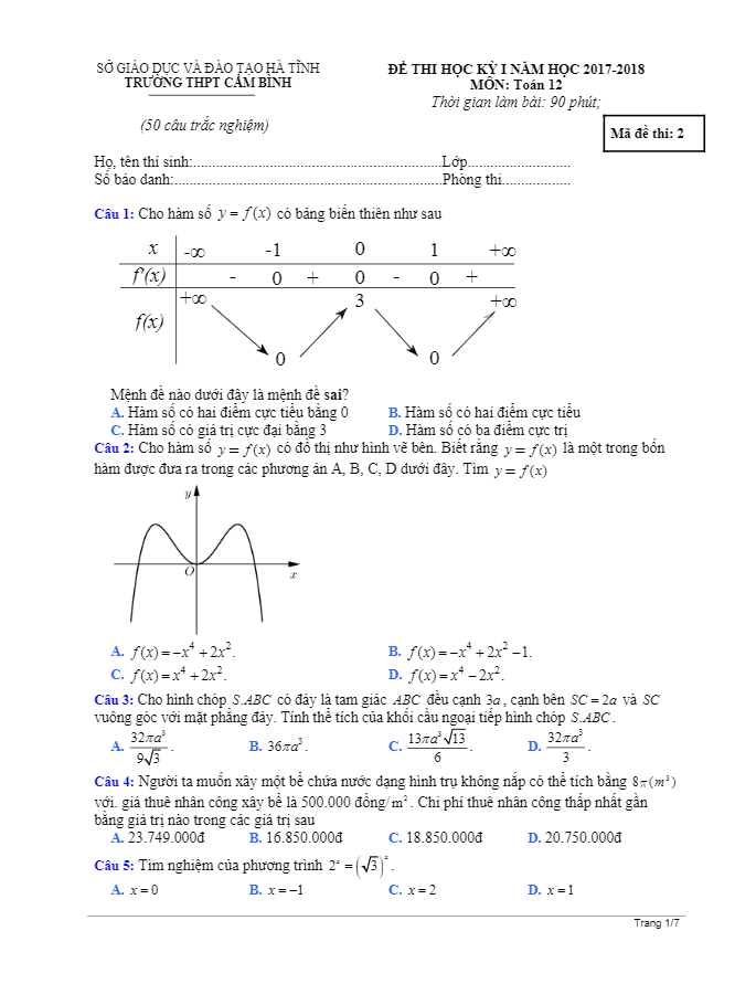 Đề thi học kỳ I lớp 12 môn Toán năm học 2017 2018 trường THPT Cẩm Bình Hà Tĩnh
