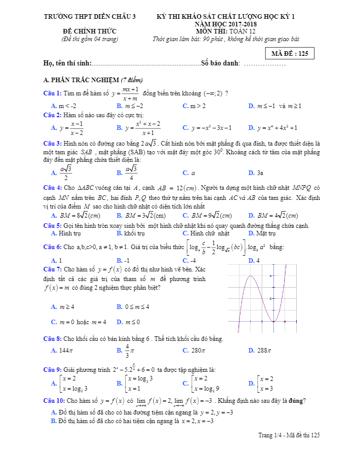 Đề thi học kỳ I lớp 12 môn Toán năm học 2017 2018 trường THPT Diễn Châu 3 Nghệ An