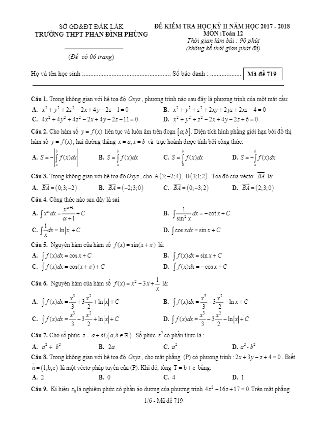 Đề thi học kỳ II lớp 12 môn Toán năm 2017 2018 trường Phan Đình Phùng Đắk Lắk