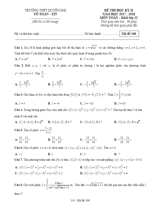 Đề thi học kỳ II lớp 12 môn Toán năm 2017 2018 trường THPT Duyên Hải Trà Vinh