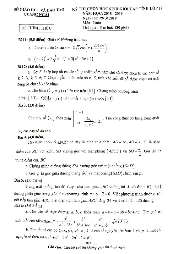 Đề thi học sinh giỏi cấp tỉnh lớp 11 môn Toán năm 2018 2019 sở GD ĐT Quảng Ngãi