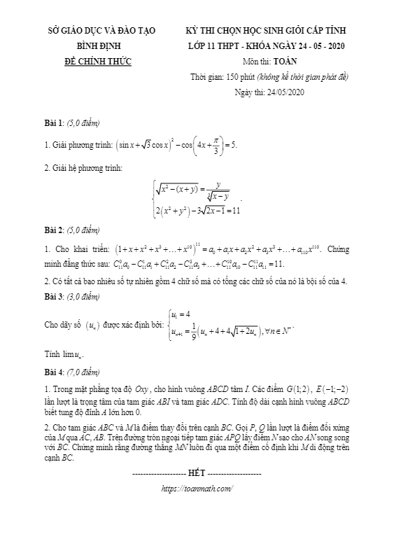 Đề thi học sinh giỏi cấp tỉnh lớp 11 môn Toán năm 2019 2020 sở GD ĐT Bình Định