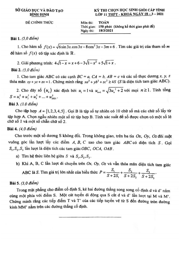 Đề thi học sinh giỏi cấp tỉnh lớp 11 môn Toán năm 2020 2021 sở GD ĐT Bình Định