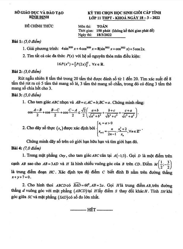 Đề thi học sinh giỏi cấp tỉnh lớp 11 môn Toán năm 2021 2022 sở GD ĐT Bình Định