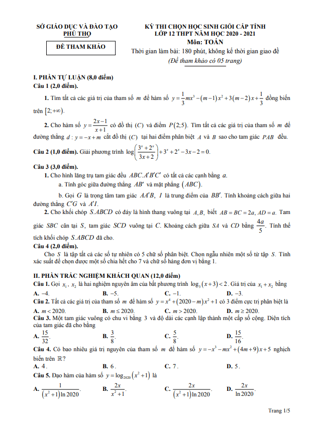 Đề thi học sinh giỏi cấp tỉnh lớp 12 môn Toán năm 2020 2021 sở GD ĐT Phú Thọ