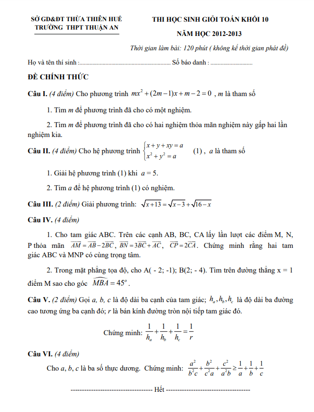 Đề thi học sinh giỏi lớp 10 môn Toán năm 2012 2013 trường THPT Thuận An TT Huế