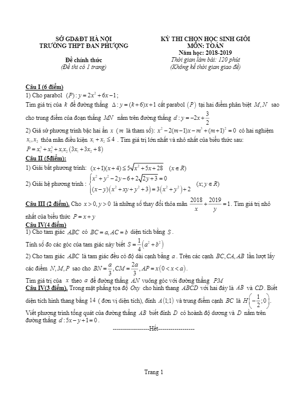 Đề thi học sinh giỏi lớp 10 môn Toán năm 2018 2019 trường Đan Phượng Hà Nội