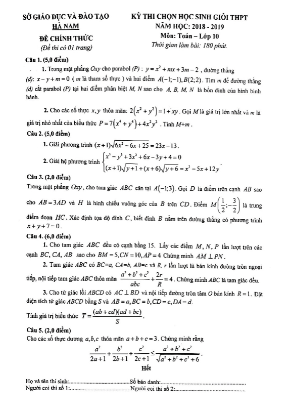 Đề thi học sinh giỏi lớp 10 môn Toán THPT năm 2018 2019 sở GD ĐT Hà Nam