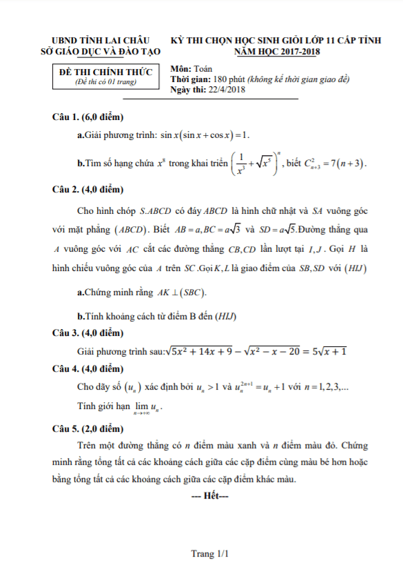 Đề thi học sinh giỏi lớp 11 môn Toán cấp tỉnh năm 2017 2018 sở GD ĐT Lai Châu