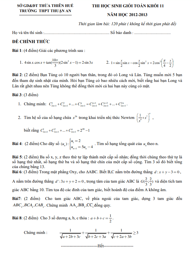 Đề thi học sinh giỏi lớp 11 môn Toán năm 2012 2013 trường THPT Thuận An TT Huế