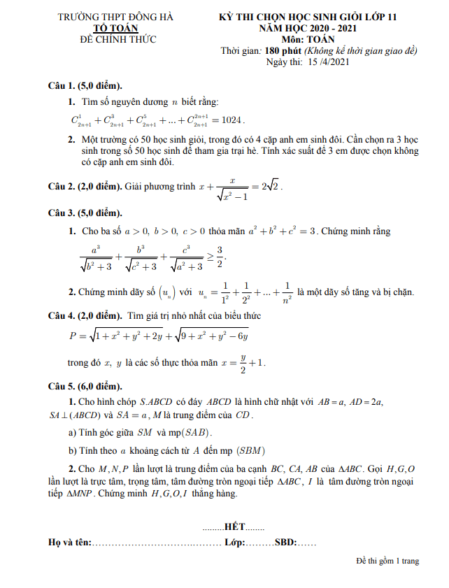 Đề thi học sinh giỏi lớp 11 môn Toán năm 2020 2021 trường THPT Đông Hà Quảng Trị
