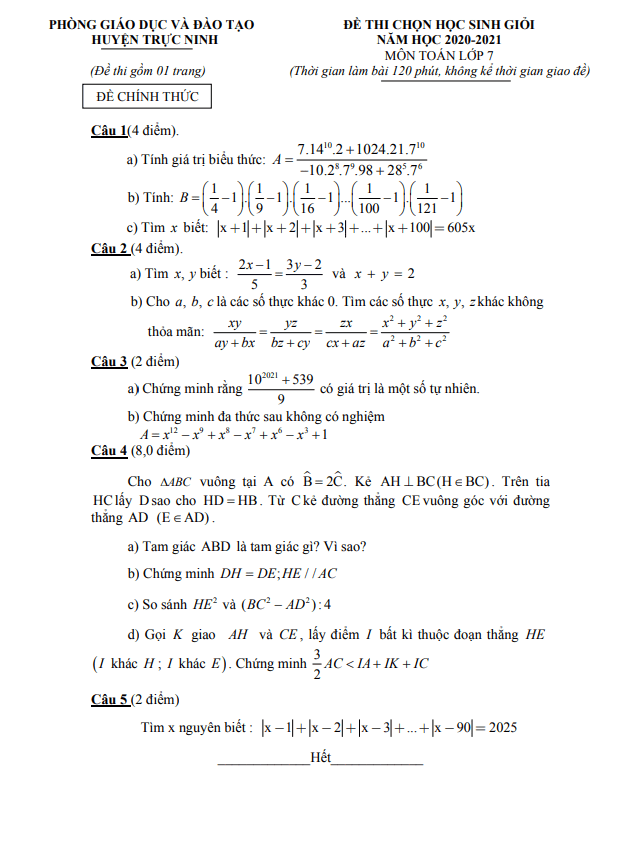 Đề thi học sinh giỏi lớp 7 môn Toán năm 2020 2021 phòng GD ĐT Trực Ninh Nam Định