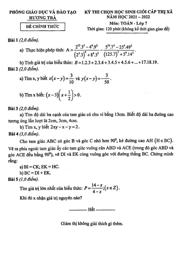 Đề thi học sinh giỏi lớp 7 môn Toán năm 2021 2022 phòng GD ĐT Hương Trà TT Huế