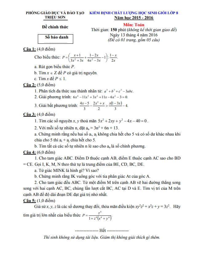 Đề thi học sinh giỏi lớp 8 môn Toán năm 2015 2016 phòng GD ĐT Triệu Sơn Thanh Hóa