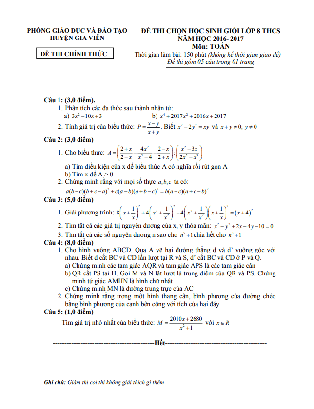 Đề thi học sinh giỏi lớp 8 môn Toán năm 2016 2017 phòng GD ĐT Gia Viễn Ninh Bình