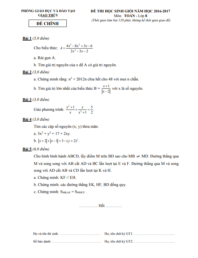 Đề thi học sinh giỏi lớp 8 môn Toán năm 2016 2017 phòng GD ĐT Giao Thủy Nam Định