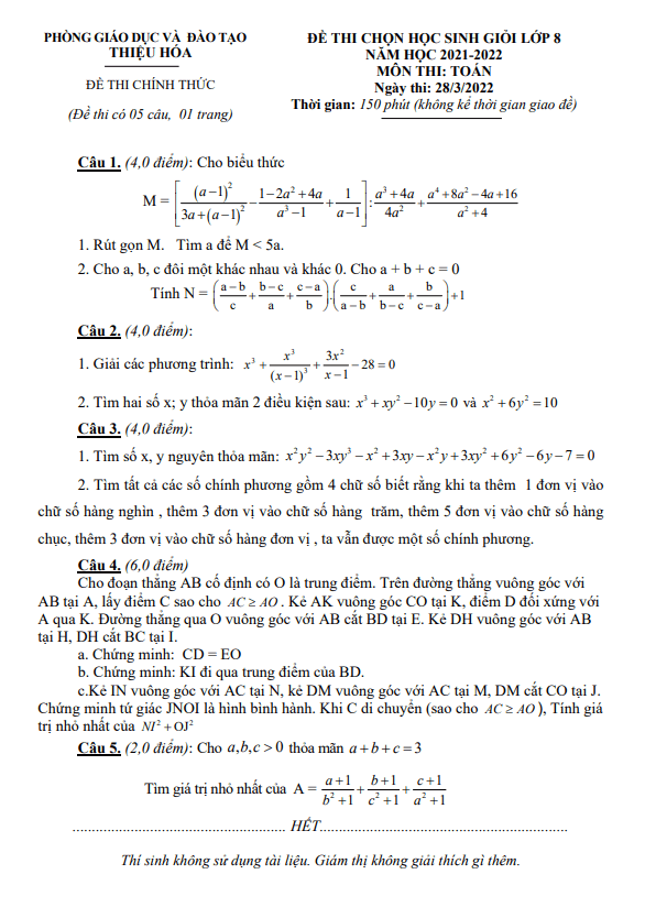 Đề thi học sinh giỏi lớp 8 môn Toán năm 2021 2022 phòng GD ĐT Thiệu Hóa Thanh Hóa