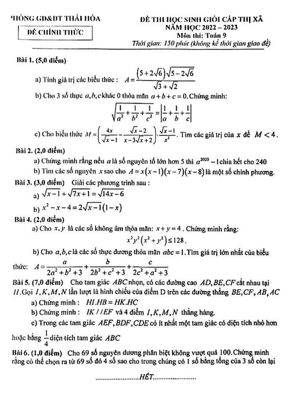 Đề thi học sinh giỏi lớp 9 môn Toán năm 2022 2023 phòng GD ĐT Thái Hòa Nghệ An
