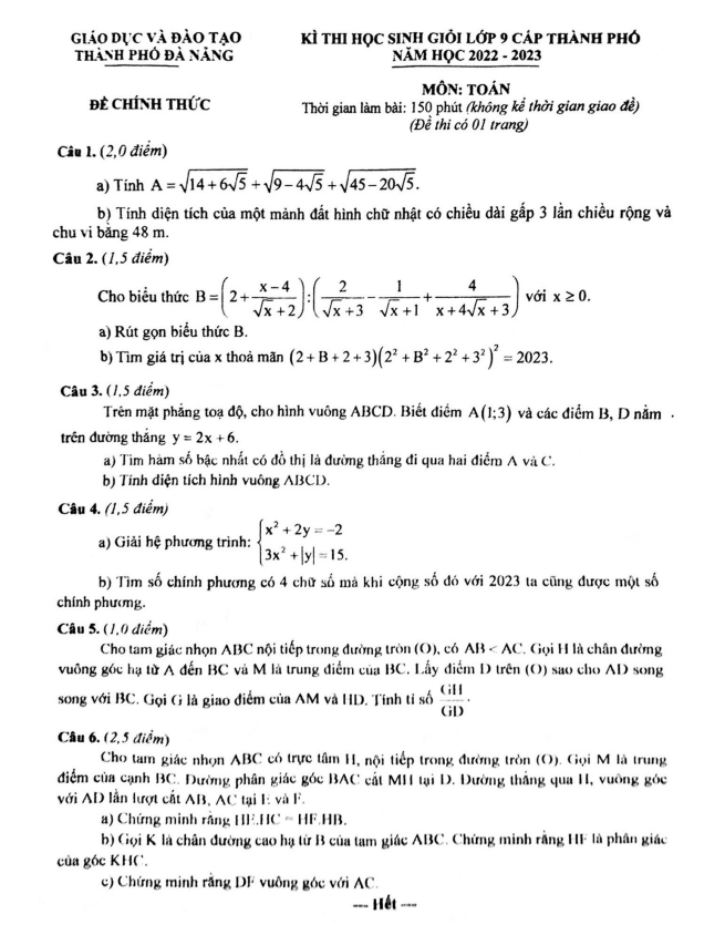 Đề thi học sinh giỏi lớp 9 môn Toán năm 2022 2023 sở GD ĐT thành phố Đà Nẵng