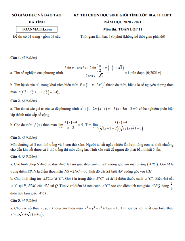 Đề thi học sinh giỏi tỉnh lớp 11 môn Toán năm 2020 2021 sở GD ĐT Hà Tĩnh