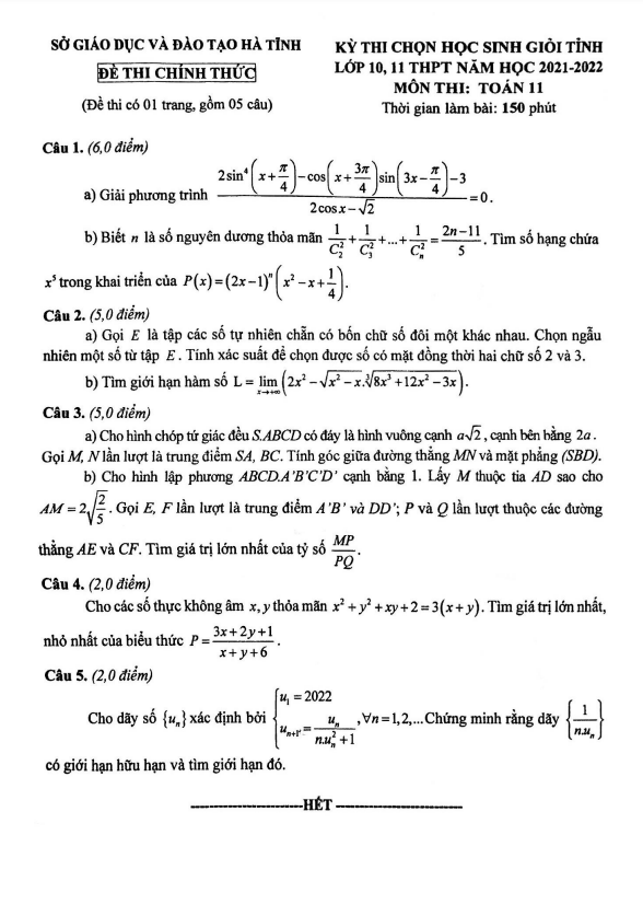 Đề thi học sinh giỏi tỉnh lớp 11 môn Toán năm 2021 2022 sở GD ĐT Hà Tĩnh