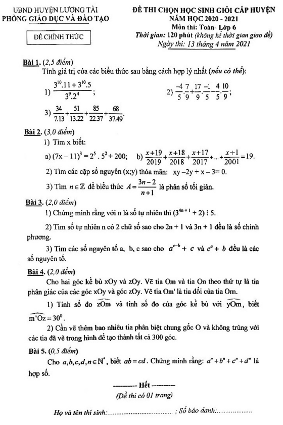 Đề thi HSG cấp huyện lớp 6 môn Toán năm 2020 2021 phòng GD ĐT Lương Tài Bắc Ninh