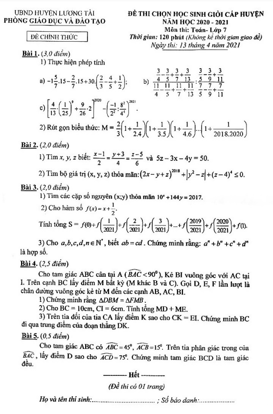 Đề thi HSG cấp huyện lớp 7 môn Toán năm 2020 2021 phòng GD ĐT Lương Tài Bắc Ninh