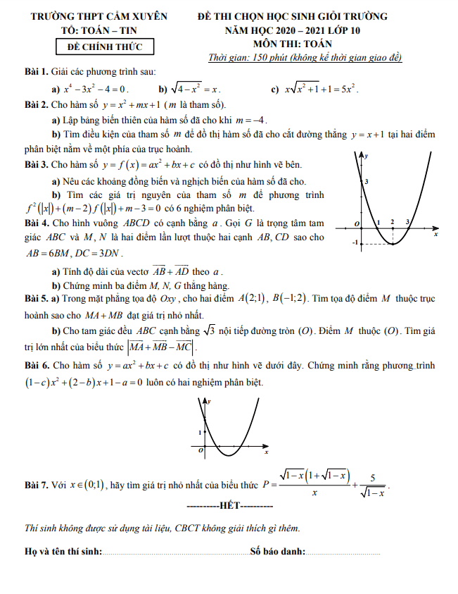 Đề thi HSG cấp trường lớp 10 môn Toán năm 2020 2021 trường Cẩm Xuyên Hà Tĩnh
