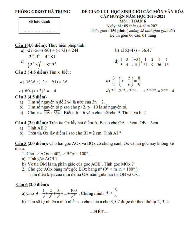 Đề thi HSG huyện lớp 6 môn Toán năm 2020 2021 phòng GD ĐT Hà Trung Thanh Hóa