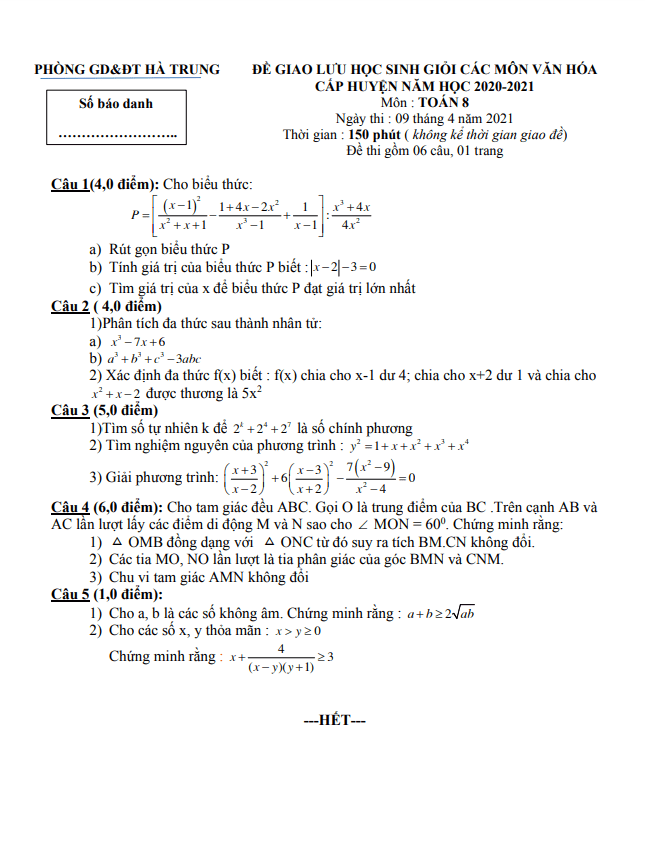 Đề thi HSG huyện lớp 8 môn Toán năm 2020 2021 phòng GD ĐT Hà Trung Thanh Hóa