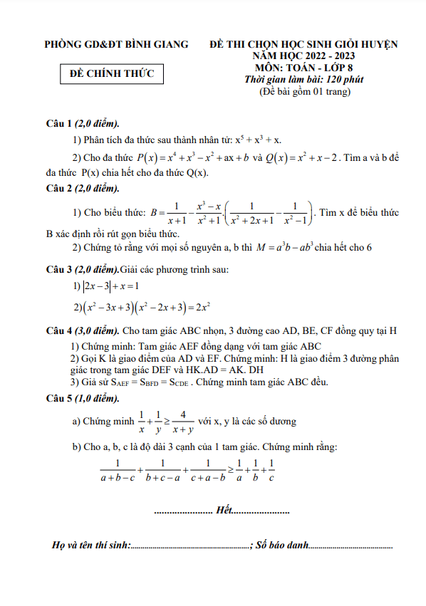 Đề thi HSG huyện lớp 8 môn Toán năm 2022 2023 phòng GD ĐT Bình Giang Hải Dương