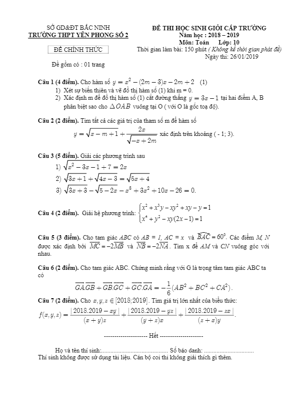 Đề thi HSG lớp 10 môn Toán cấp trường năm 2018 2019 trường Yên Phong 2 Bắc Ninh