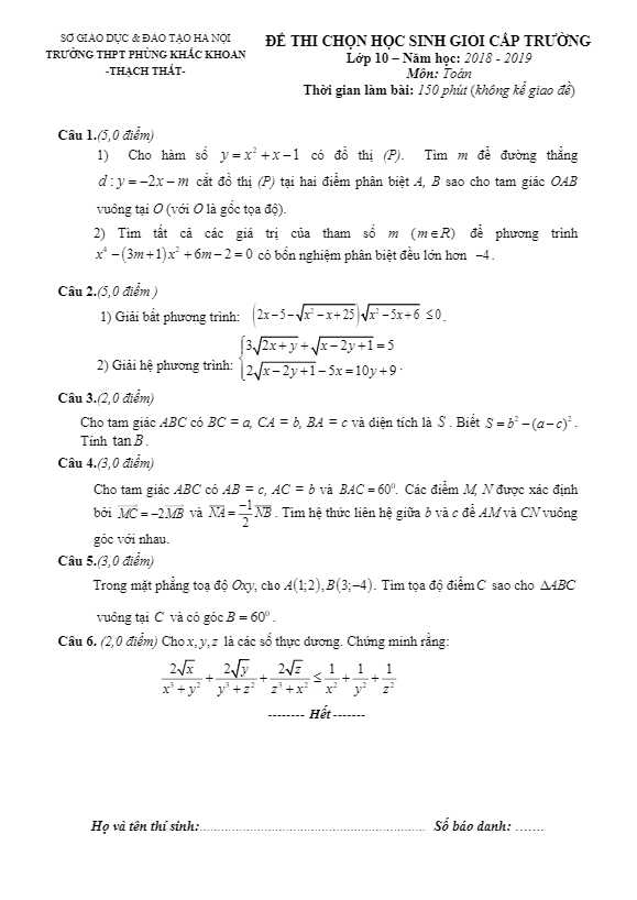 Đề thi HSG lớp 10 môn Toán năm 2018 2019 trường Phùng Khắc Khoan Hà Nội