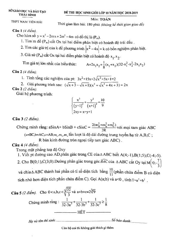 Đề thi HSG lớp 10 môn Toán năm 2018 2019 trường THPT Nam Tiền Hải Thái Bình
