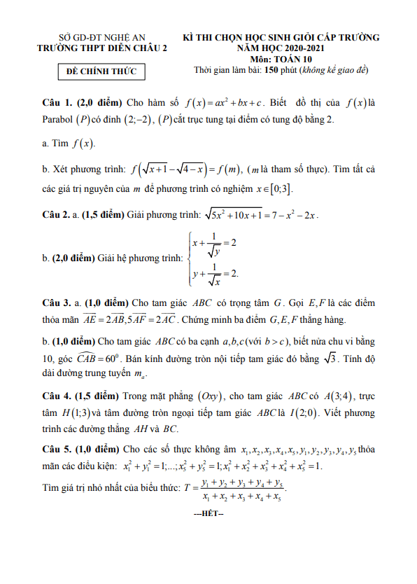 Đề thi HSG lớp 10 môn Toán năm 2020 2021 trường THPT Diễn Châu 2 Nghệ An