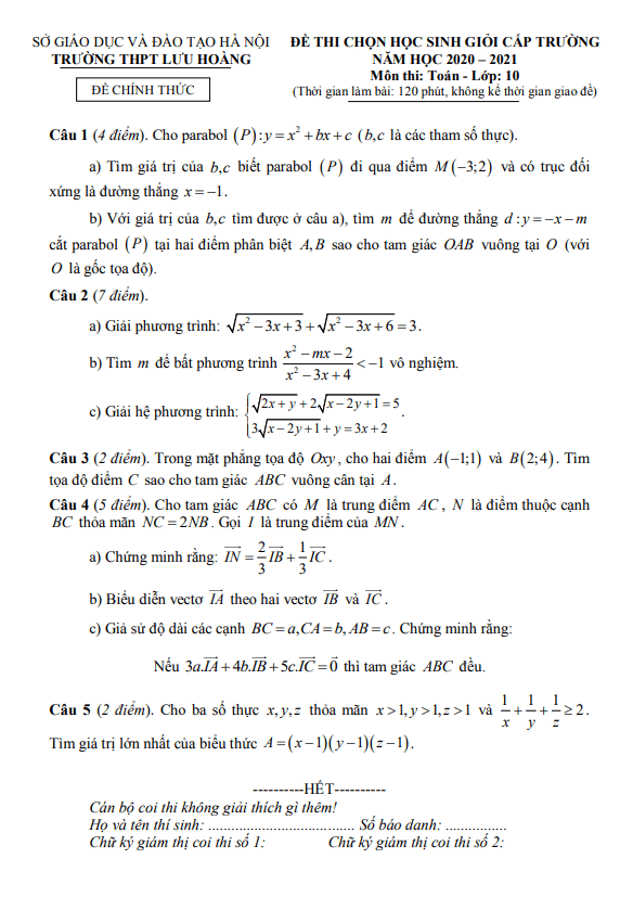 Đề thi HSG lớp 10 môn Toán năm 2020 2021 trường THPT Lưu Hoàng Hà Nội