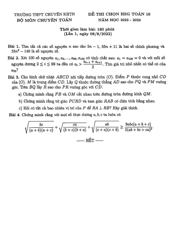 Đề thi HSG lớp 10 môn Toán năm 2022 2023 lần 1 trường chuyên KHTN Hà Nội