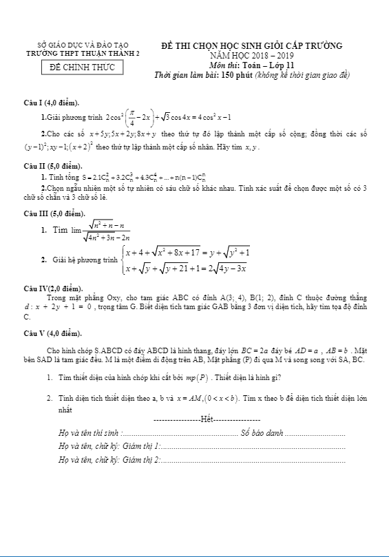 Đề thi HSG lớp 11 môn Toán cấp trường năm 2018 – 2019 trường Thuận Thành 2 – Bắc Ninh
