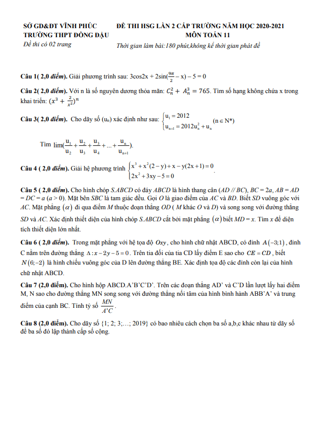 Đề thi HSG lớp 11 môn Toán lần 2 năm 2020 2021 trường THPT Đồng Đậu Vĩnh Phúc