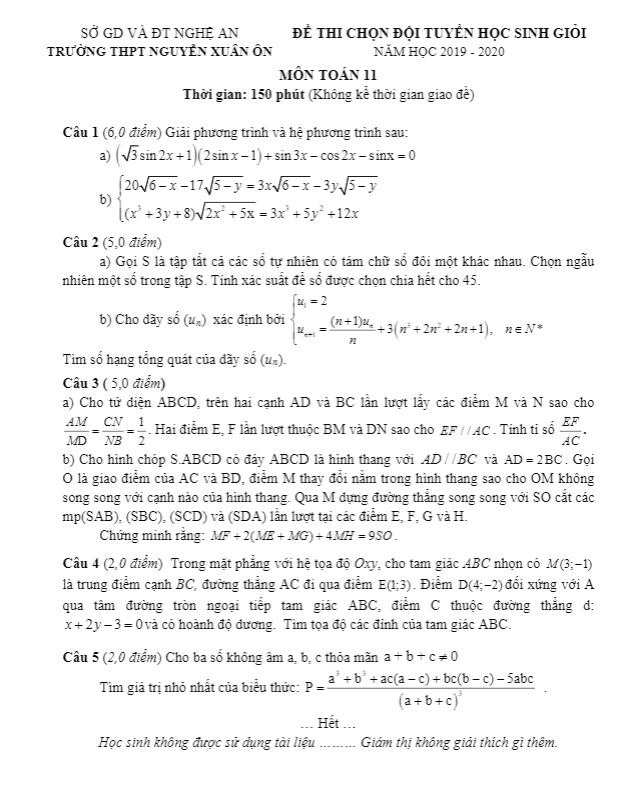 Đề thi HSG lớp 11 môn Toán năm 2019 2020 trường THPT Nguyễn Xuân Ôn Nghệ An