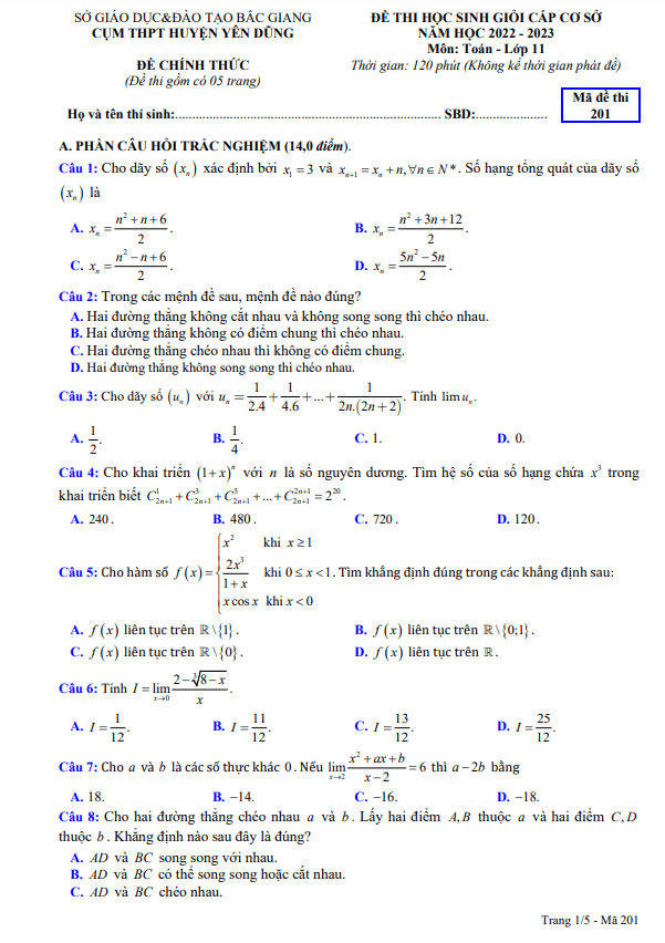 Đề thi HSG lớp 11 môn Toán năm 2022 2023 cụm THPT huyện Yên Dũng Bắc Giang