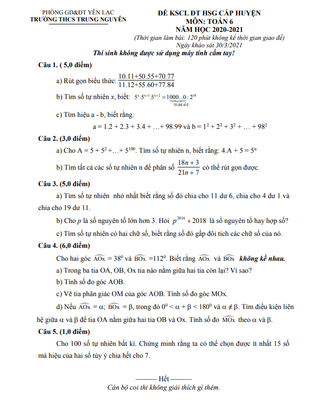 Đề thi HSG lớp 6 môn Toán năm 2020 2021 trường THCS Trung Nguyên Vĩnh Phúc