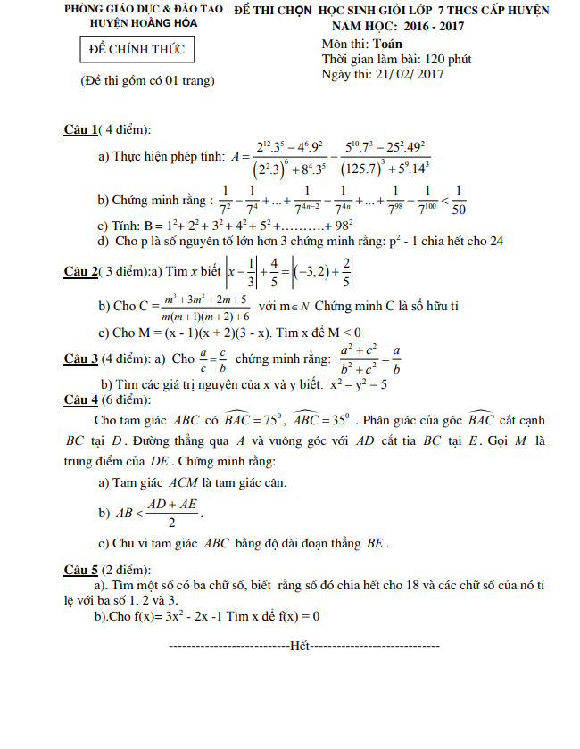 Đề thi HSG lớp 7 môn Toán năm 2016 2017 phòng GD ĐT Hoằng Hóa Thanh Hóa