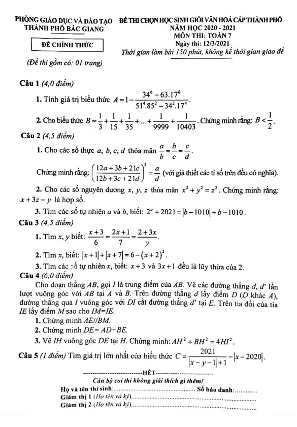 Đề thi HSG lớp 7 môn Toán năm 2020 2021 phòng GD ĐT thành phố Bắc Giang