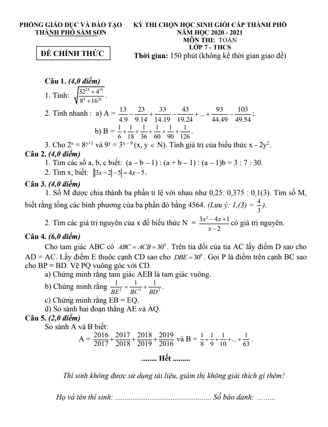 Đề thi HSG lớp 7 môn Toán năm 2020 2021 phòng GD ĐT thành phố Sầm Sơn Thanh Hóa