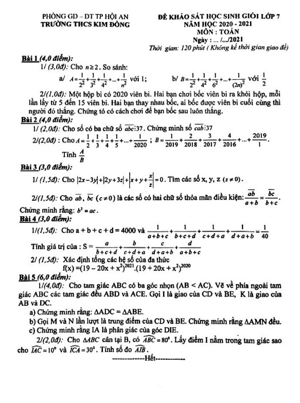 Đề thi HSG lớp 7 môn Toán năm 2020 2021 trường THCS Kim Đồng Quảng Nam