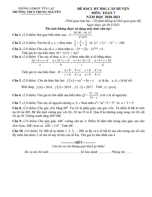 Đề thi HSG lớp 7 môn Toán năm 2020 2021 trường THCS Trung Nguyên Vĩnh Phúc